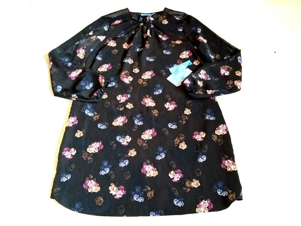 NWT Womens Dress-SIMPLY VERA VERA WANG-black/purple/ivory dark floral fairy ls-L